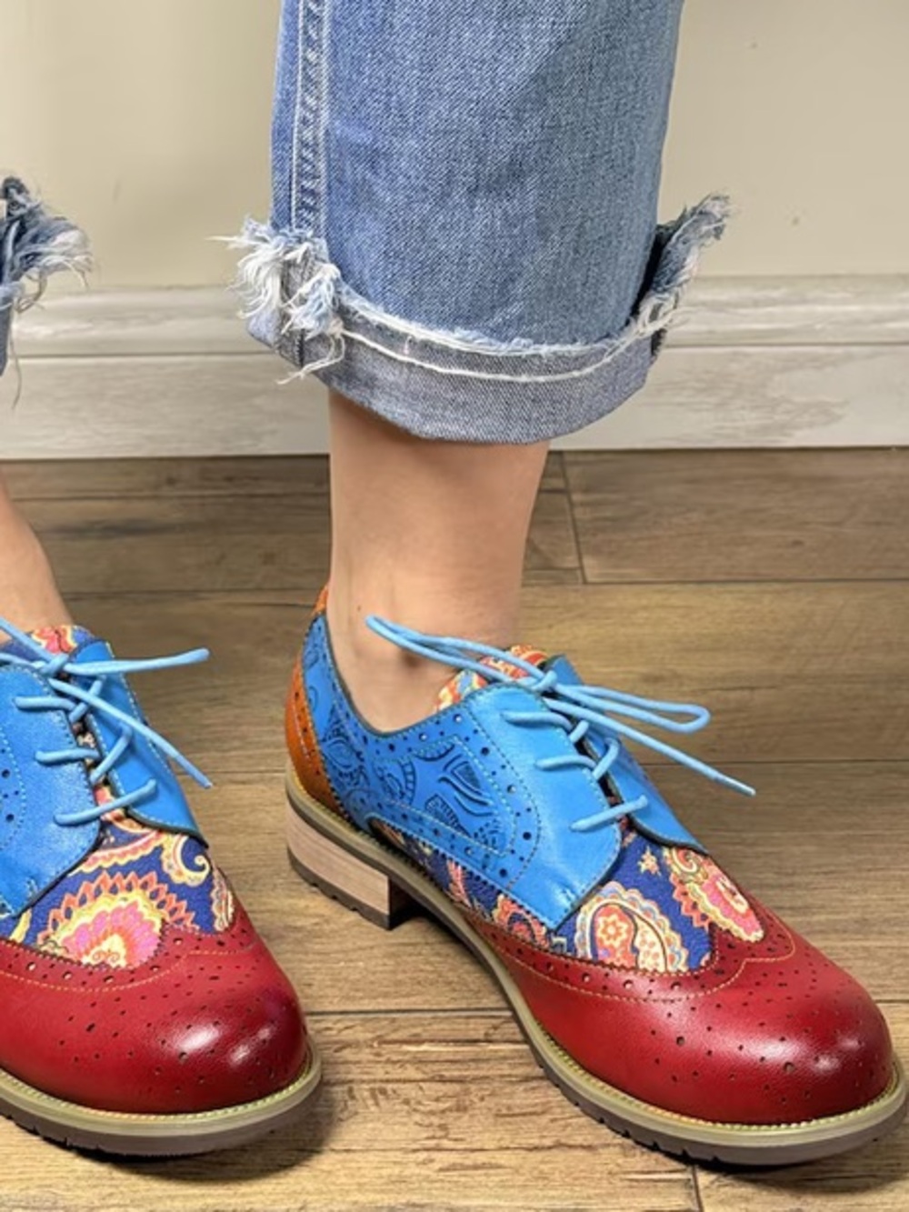 Paisley Leather Brogue Oxfords - Boho Artisan Wingtip - Women's Sz 11 US 42 EU